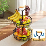 2-Tier Fruit Basket Bowl Storage with Wood Lift Handle and Dual Banana Tree Hanger for Kitchen V178-36086