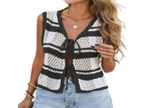 Women'S Sleeveless Striped Sweater Vest V Neck Tie Front Crochet Knit Tank Tops Black L V1192-AZ-W-20799