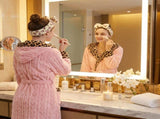 Coral Fleece Leopard Trim Bathrobe Set Bow Headband Included- Pink Hooded Plush Dressing Gown with V888-ELOSUNG54485