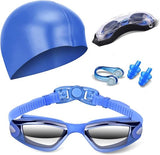 Blue Swim Goggles Set with Cap, Nose Clip, Earplugs & Case Anti-Fog UV Protection for Men & Women V1107-BLUE SWIM GOGGLES SET