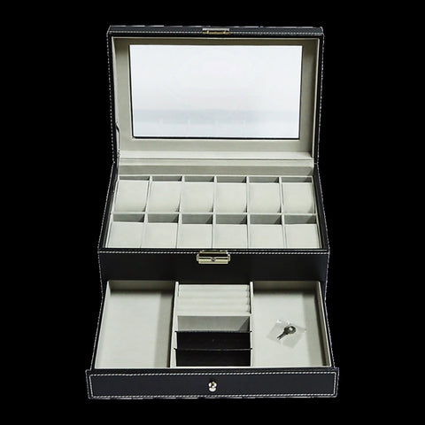 12 Grids Watch Display Case Leather jewellery Storage Box Organiser Lock Key V63-823711