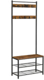 Rustic Brown Coat Rack Stand with Hallway Shoe Rack and Bench with Shelves Matte Metal Frame Height V178-11079