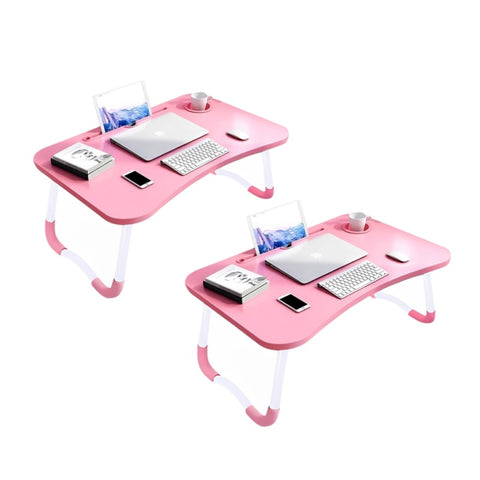 SOGA 2X Pink Portable Bed Table Adjustable Folding Mini Desk Notebook Stand Card Slot Holder with BEDTABLEH302X2