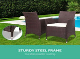 Gardeon 3PC Outdoor Bistro Set Patio Furniture Wicker Setting Chairs Table Cushion Brown ODF-BISTRO-RATTAN-BR