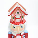 New Classic Wooden Nutcracker Figurine, 38cm tall, gingerbread house hat design, red and blue V1232-HTJZ-38CM-001