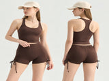 Brown Size XL Women's Yoga Set - Square Neck Racerback Sports Bra with Built-in Pads and High Waist V888-ELOSUNG56383-4