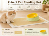 Pet Feeding Set - 15 Degree Tilted Ceramic Yellow Bowl and Yellow Non-Slip PVC Mat, Detachable V888-ELOSUNG56039