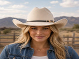 Western Cowboy Hat - Beige Wide Brim Cowboy Hat with Leather-Look Band, Metal Rivet and Square V888-ELOSUNG57114-6