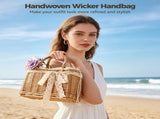 Handwoven Wicker Handbag, Rectangular Wicker Beach Bag, Rustic Portable Rattan Flower Basket with V1192-AZ-W-18331
