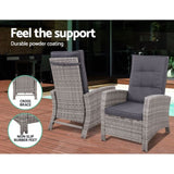 Gardeon 3PC Recliner Chairs Table Sun lounge Wicker Outdoor Furniture Adjustable Grey ODF-RECLINER-CHOTTB-3GE