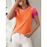 Women's Short Sleeve Color Block Tops Crewneck Pullover Sweater Knit Clothes Top for Casual Beach V1366-AZ2-W-14491