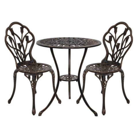 Gardeon 3PC Outdoor Setting Bistro Set Chairs Table Cast Aluminum Patio Furniture Tulip Bronze GB-CALU-3PC-XG1018-BZ