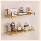 No-Drill Wood-Look Floating Wall Shelf with Metal Rails, Adhesive Hooks and Screws, 40 x 15 cm V1188-MS-731-081