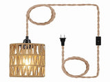 Boho Plug in Pendant Light, Hanging Light with Cord, Ceiling Lamp Rattan Cylinder Shad pwm25 V1369-AZ3-W-09362