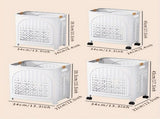 A wheeled foldable plastic laundry basket, suitable for dirty clothesnd easy to move. It features V1106-XYL001