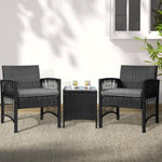 Gardeon 3PC Outdoor Bistro Set Patio Furniture Wicker Dining Chairs Table Cushion Black ODF-BISTRO-HARPSET-J-BK