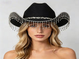 Western Cowboy Hat with Rhinestone Tassel Fringe - Black Felt-Style Party Hat with Decorative Chain V888-ELOSUNG57118-2