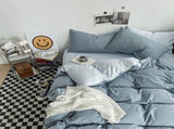 Hazy Blue Washed Cotton Bedding Set - Solid Color Fitted Sheet Style, 4-Piece Set for 1.8m Bed, V888-ELOSUNG48738