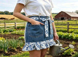 1Pack Denim Floral Half Apron, Adjustable Waist Apron with Ruffle Hem Tie Belt for Cooking, Baking V1192-AZ-W-28185