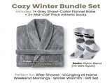 Grey Men's Winter Lounge Bundle Set - Flannel Shawl Collar Robe with 2x White Thick Mid V888-ELOSUNG54517