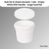 Kitchee Bulk 10x 5L Plastic Buckets Lids - Empty White With Handle Large Pail V238-SUPDZ-21934187380816