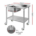 Cefito Stainless Steel Sink Bench Kitchen Work Benches Bowl Wheels 304 SSKB-SINK-WHEEL-L100