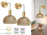 Battery Operated Wall Sconce Set of 2, Rechargeable Rattan LED, Remote, 3 Color Dimmable V1263-JX-5788