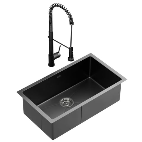 Cefito Stainless Steel Sink 70x45CM With Pull Out Mixer Tap Kitchen Basin Single Bowl Black SINK-BLACK-7045-07