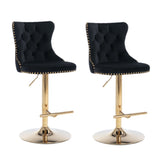 2x Height Adjustable Swivel Bar Stool Velvet Studs Barstool with Footrest and Golden Base- Black V226-SW1912BK