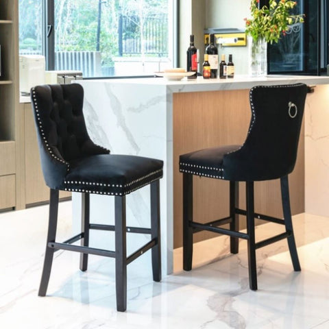 2X Velvet Bar Stools with Studs Trim Wooden Legs Tufted Dining Chairs Kitchen V226-SW1802BK