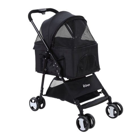 i.Pet Pet Stroller Dog Pram Cat Carrier Travel Large Pushchair Foldable 4 Wheels Black PET-STROLLER-4WL-M-BK