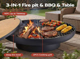 Grillz Fire Pit Table with Lid Deep Fire Bowl Wood Burning BBQ Grill for Backyard Camping Patio FPIT-YH-BBQ-WD
