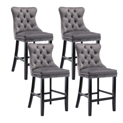 4X Velvet Bar Stools with Studs Trim Wooden Legs Tufted Dining Chairs Kitchen V226-SW1802GY-2