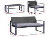 Gardeon 4 PCS Outdoor Sofa Set Rattan Furniture Glass Top Table Chairs Black ODF-4PCS-BST03-BK-AB
