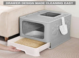 CARLA HOME Foldable Enclosed Cat Litter Box with Scoop - Grey - Plastic - Kitty Litter Tray LSB-36497