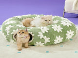 2-in-1 Cat Tunnel Bed Green Daisy 80cm - Plush Donut Pet Cave & Play Tube - Detachable Washable V888-ELOSUNG41373