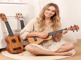 Acacia wood 17-inch Playable Ukulele Mini Guitar, lightweight and portable. Features comfortable V1102-XJT002