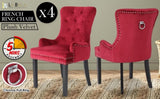 4X French Provincial Dining Chair Ring Studded Velvet Rubberwood Leg LISSE BORDEAUX RED V274-FT-VFC-1141-RD4