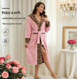 Women's Pink Coral Fleece Hooded Bathrobe with Leopard Print Trim - Soft Plush Wrap Robe with V888-ELOSUNG54472