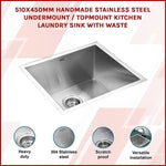 510x450mm Handmade Stainless Steel Undermount / Topmount Kitchen Laundry Sink with Waste V63-819503