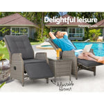 Gardeon 3PC Recliner Chairs Table Sun lounge Outdoor Furniture Wicker Adjustable Grey ODF-RCL-RW-FT-3GE