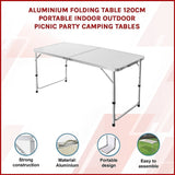 Aluminium Folding Table 120cm Portable Indoor Outdoor Picnic Party Camping Tables V63-827191