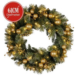 Christabelle 61cm Christmas Wreath Glittery with LED Lights Golden Baubles Front Door Decoratio 112_SENG61