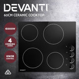 Devanti Electric Ceramic Cooktop 60cm CCT-B-4B-4Z-KNOB-BK