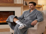 Grey Men's Winter Lounge Bundle Set - Flannel Shawl Collar Robe with 2x White Thick Mid Calf V888-ELOSUNG54514