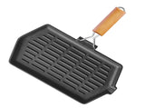 SOGA Rectangular Cast Iron Griddle Grill Frying Pan with Folding Wooden Handle ZPAI047