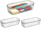 3 Pack Plastic Pen Storage Box, Clear Pencil Case Organizer with Lids for Desk Drawer, 9.8" x 3.9" x V1192-AZ-W-18424