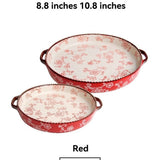 ceramic serving plate, double handled baking dish, pizza pan, cherry blossom pattern, underglaze V1106-122-66396-GRN-SET