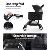 i.Pet Pet Stroller Dog Pram Cat Carrier Travel Large Pushchair Foldable 4 Wheels Black PET-STROLLER-4WL-M-BK