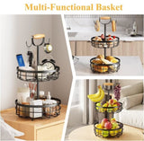 2-Tier Fruit Basket Bowl Storage with Wood Lift Handle and Dual Banana Tree Hanger for Kitchen V178-36086